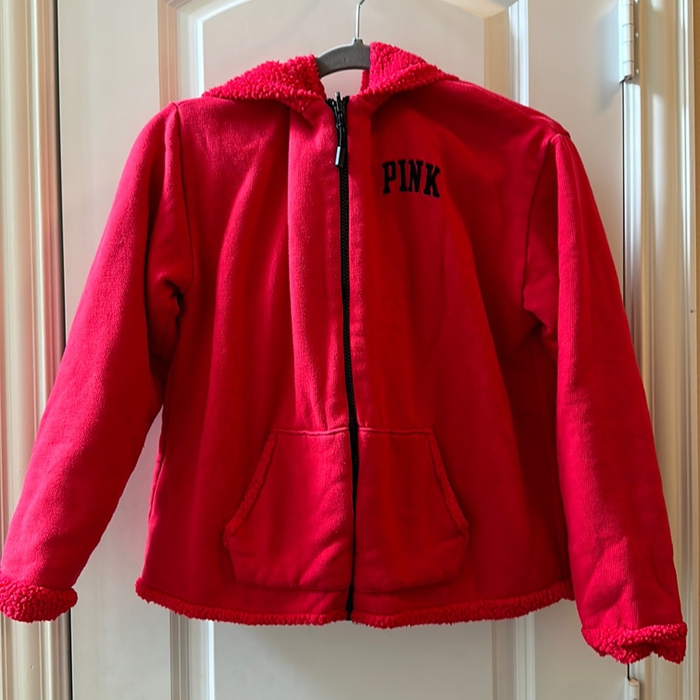 Victoria Secret Pink Red Thermal Hoodie Reversible Small